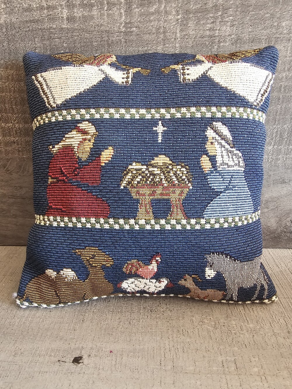 Tapestry Throw Pillow Christmas Nativity Scene Small Blue 8"x8" Blue Religious
